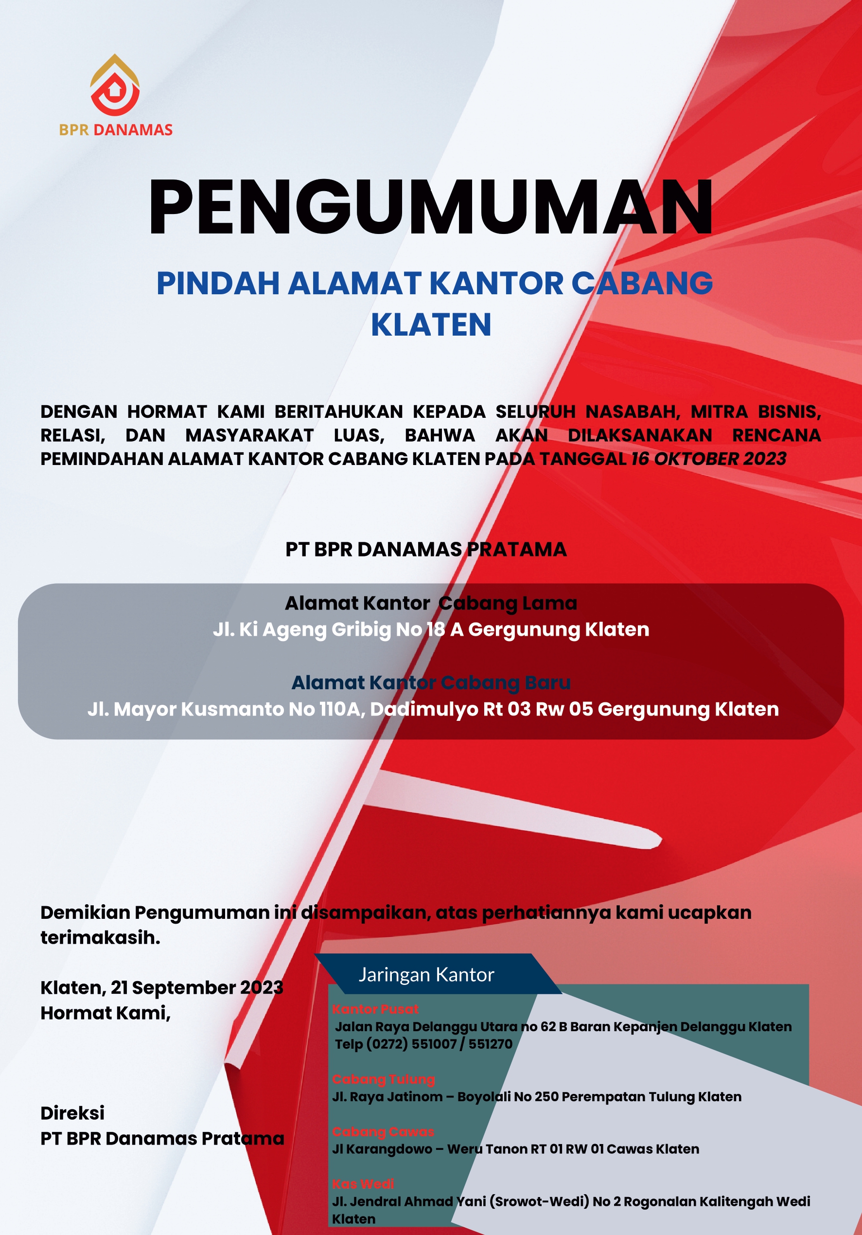 PENGUMUMAN PINDAH ALAMAT KANTOR
